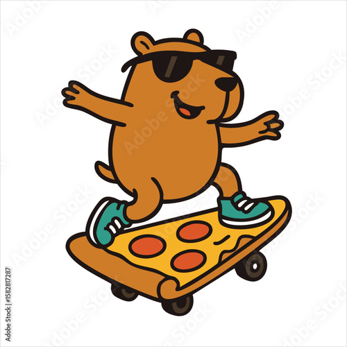 Cool cartoon capybara wearing sunglasses riding a slice of pepperoni pizza like a skateboard – fun illustration for kids and pop culture