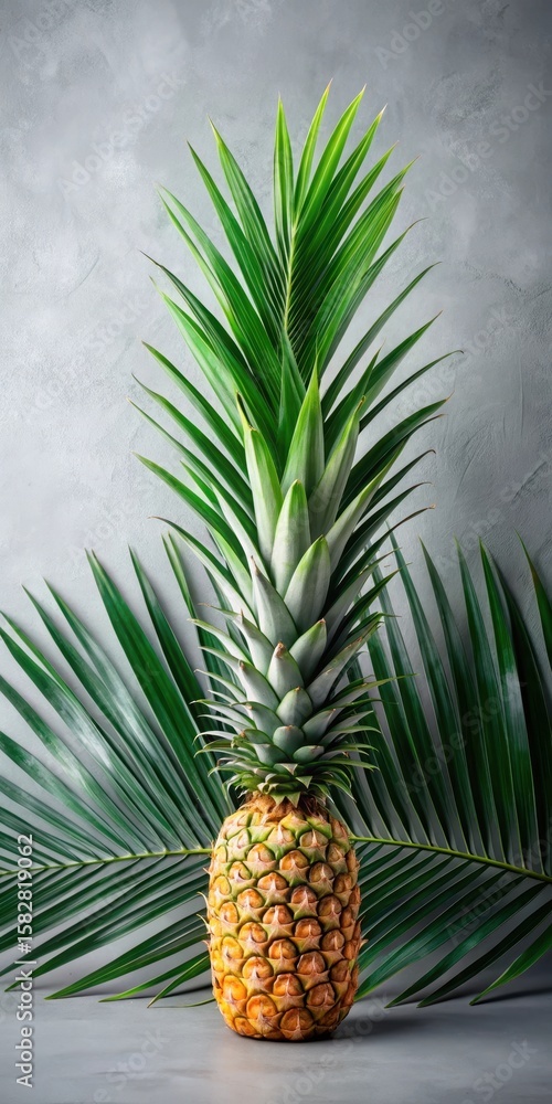 Fototapeta premium pineapple with tropical palm leaves on gray background