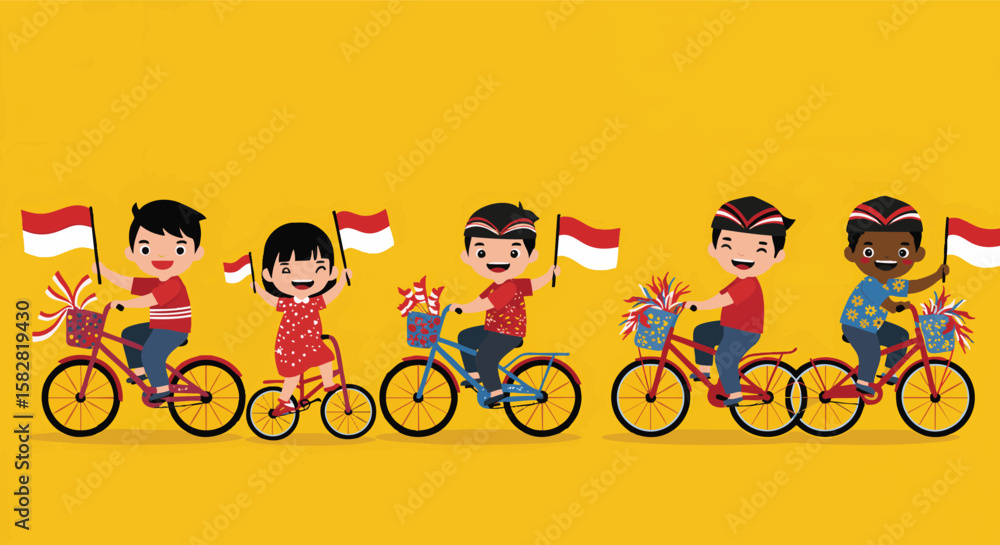 Obraz premium Happy Indonesian Children Riding Decorated Bicycles with Flags