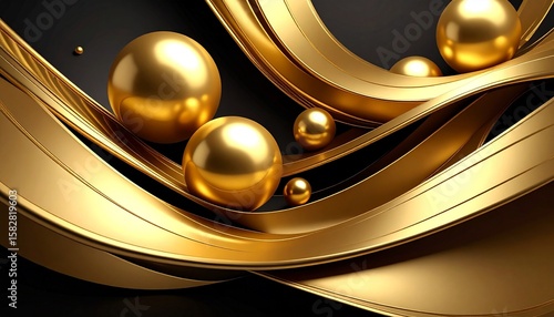 Abstract golden spheres with swirling dynamic lines on dark futuristic background creating sense of motion, elegance, and innovation