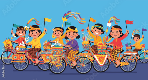 Indonesian Children Parade with Decorated Bicycles in Traditional Costume