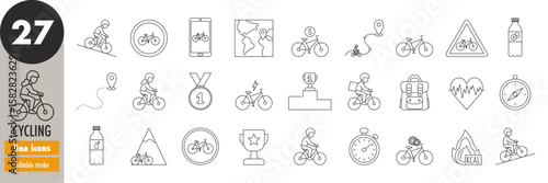 Cycling, biking - editable stroke thin line icons set. Bicycle, bike, cyclist, bike route, e-bike, biking app, map, competition, mountain biking, reward, sport, vector illustration