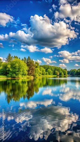 Softly lit serene landscape with a vast blue sky dotted with puffy white clouds drifting lazily above a tranquil lake surrounded by lush greenery and tall trees