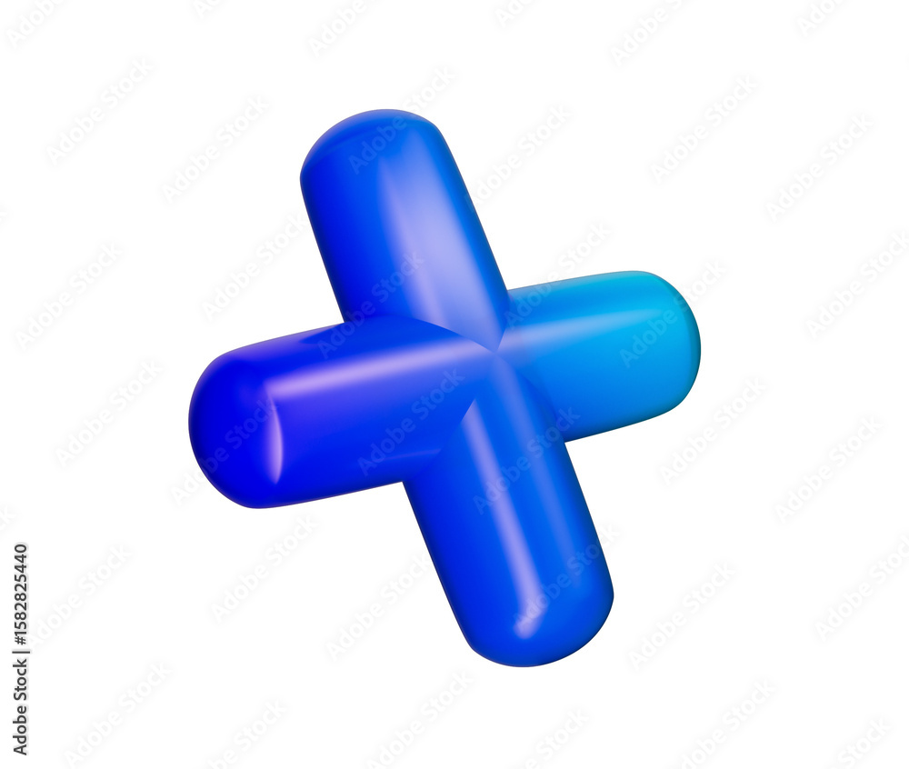 Fototapeta premium 3D Blue plus sign with a glossy, gradient finish, featuring smooth, rounded edges. 3D Illustration