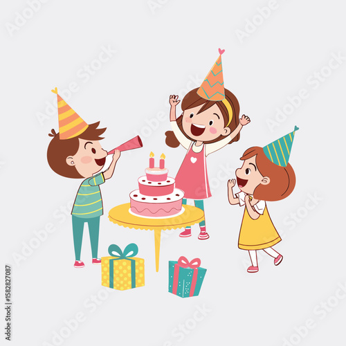 Celebration and Festivity: Joyful children in party hats surround a multi-tiered cake, their faces alight with excitement and glee. Presents are placed on the floor.