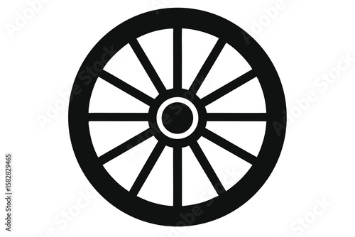 Vector art of a black wagon wheel with many spokes isolated on white
