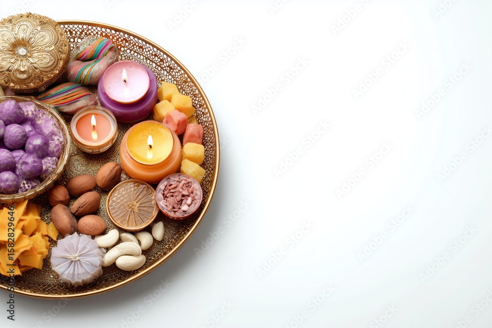 Diwali gift tray filled with colorful sweets and decorative candles for festive celebration on a white background creating a joyful atmosphere Diwali gift tray filled with colorful sweets and decorative candles for festive celebration on a white background creating a joyful atmosphere
