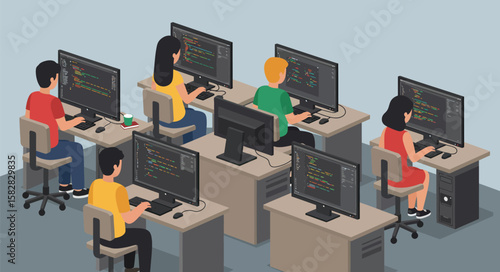 Team of diverse software developers and programmers collaborating on a project. Skilled professionals coding on computers in a modern tech office or educational classroom.