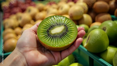 AI Generative Woman buying kiwi at the market, close-up of hands, fruit display emporium