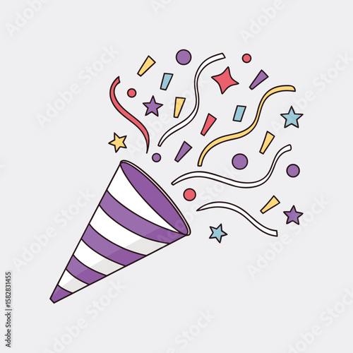 Party Pooper: Celebrate with this colorful illustration of a party popper shooting out a flurry of confetti, streamers and stars, Perfect for festive occasions and design projects.