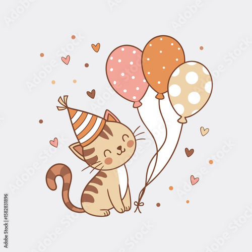 Purrfect Birthday Celebration: A charming cat in a party hat with adorable smiles and a handful of festive balloons, celebrating a birthday with playful joy and heartwarming delight.