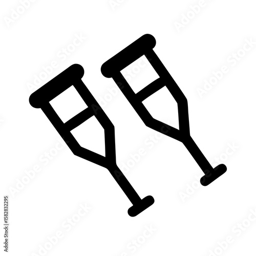 Minimalist black vector icon of crutches, symbolizing medical aid, mobility support, and injury recovery. Isolated on a transparent background
