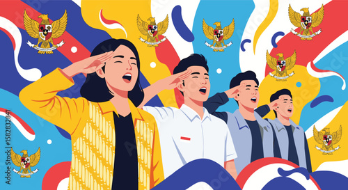 Indonesian Youth Saluting and Singing National Anthem