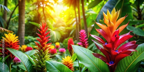 Colorful tropical flowers blooming in the forest