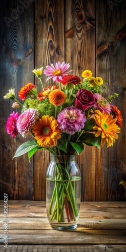 Exquisite arrangement of colorful flowers in a elegant vase on a wooden table