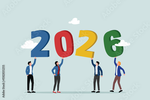 Team achievements, quality employees, teamwork after success together, the concept of businesspeople welcoming 2026 with joy and happiness with achievements.