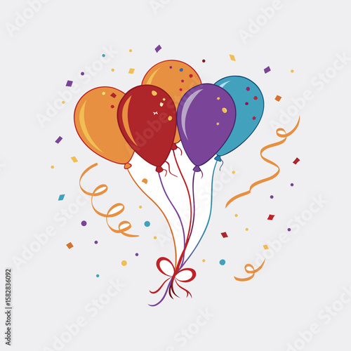 Celebratory Balloons: A vibrant array of colorful balloons, perfect for any occasion, float gracefully amidst a shower of confetti and ribbons, adding a touch of joy and festivity to the scene.