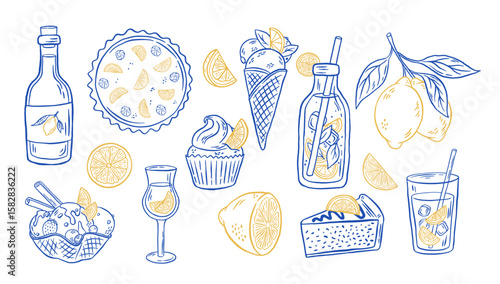 Hand drawn Amalfi Italian lemon drink and dessert vector illustration. Set of lemons, lemoncello, lemonade, gelato, ice cream, cheesecake, cake, pie in doodle style.