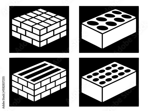 Four isometric icons of different types of bricks on a black background