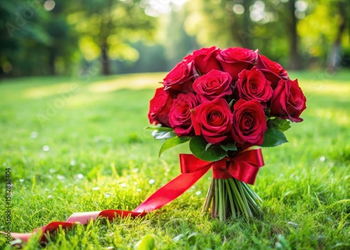 Freshly picked red roses tied with satin ribbon standing alone on lush green grass in a serene outdoor setting