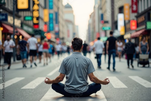Fototapeta Naklejka Na Ścianę i Meble -  Serene man finding peace amidst the hustle and bustle of city life