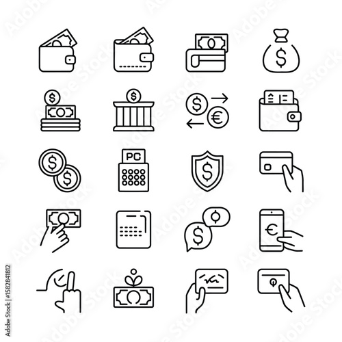 Twenty Black and White Linear Finance Icons Set depicting wallets credit cards money bags currency exchange bank building cash register payment methods and mobile banking