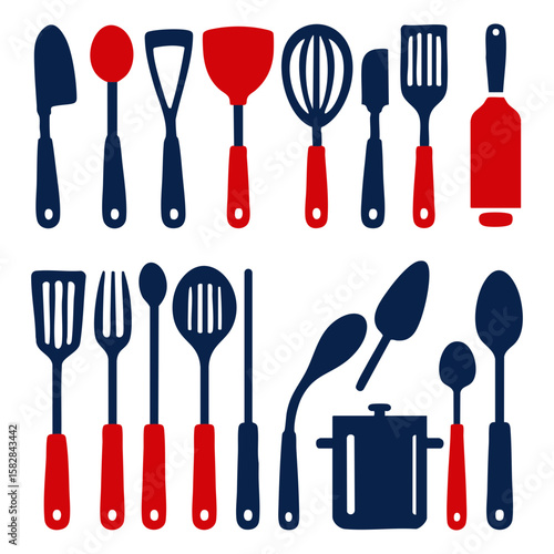 A collection of kitchen utensils including spoons, spatulas, and whisks