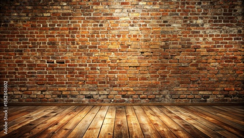 Weathered brick wall with rustic texture and wooden floor in old building