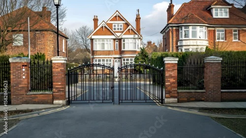 Beautifully designed houses stand behind a sophisticated gated entrance, showcasing a tranquil neighborhood atmosphere with greenery