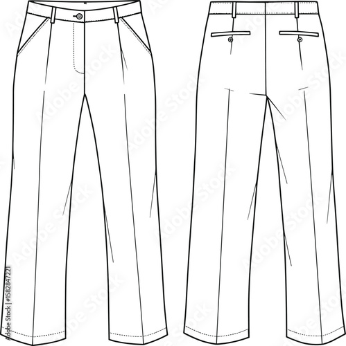 Technical fashion flat of men's trousers, vector illustration, front and back view, editable CAD template for apparel design projects