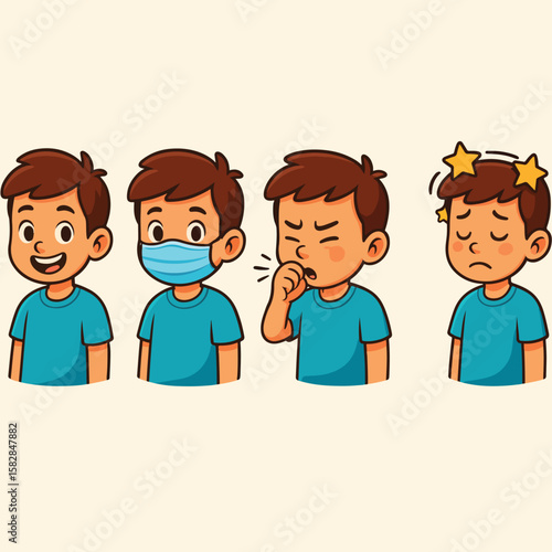 Childhood Wellness: Depicting a child's journey through various stages of health and illness. The illustration captures the emotional shifts, from jovial health to the discomfort of sickness.