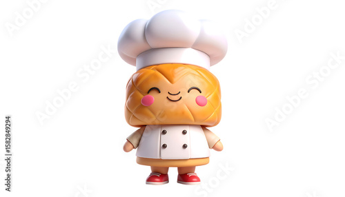 A cheerful pastry chef character, wearing a toque and uniform, smiles happily.