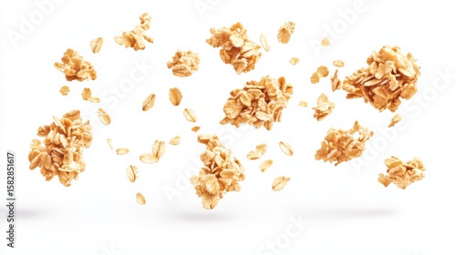Intricate arrangement of natural oat granola clusters and whole rolled oats gracefully floating in midair on a pure white background
