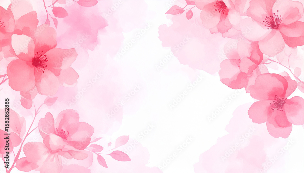 Fototapeta premium Watercolor Floral Fantasy: Delicate blossoms in shades of pink, arranged artfully against a backdrop of soft watercolor washes, evoke a sense of graceful elegance and ethereal beauty.