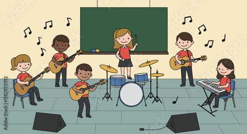 Musical Harmony A diverse group of children creates harmonious sounds in a classroom setting, fostering creativity and expression.