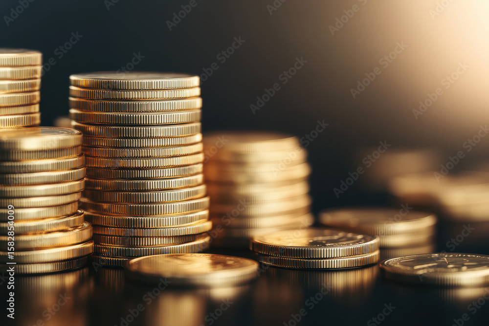 Symmetrical stacks of empty gold coins display striking wealth on a sleek black surface. The varying heights and orderly arrangement create an impressive visual of economic opulence. Symmetrical stacks of empty gold coins display striking wealth on a sleek black surface. The varying heights and orderly arrangement create an impressive visual of economic opulence.