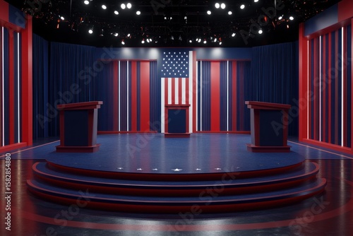 3D render of presidential debate platform, symmetrical flags, clean stage