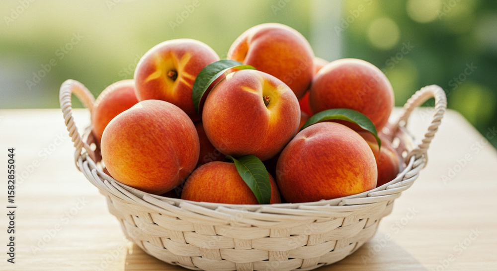 A Fresh Harvest of Ripe Peaches Displayed in a Charming Wicker Basket, Bathed in Soft Sunlight and Showing a Natural Delight A Fresh Harvest of Ripe Peaches Displayed in a Charming Wicker Basket, Bathed in Soft Sunlight and Showing a Natural Delight