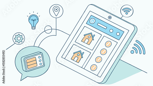 Tablet showing home automation interface with lightbulb, gear, and location icons connected to device