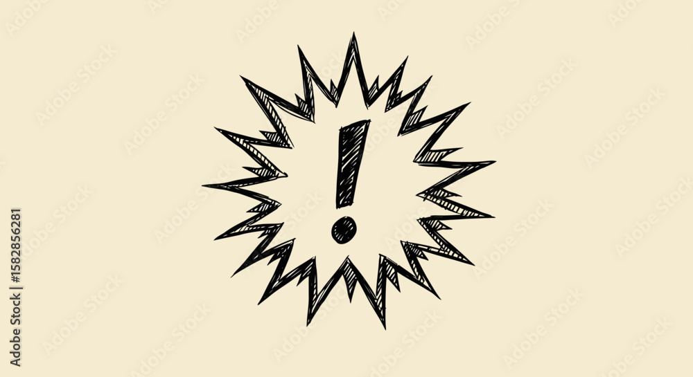 Fototapeta premium A handdrawn exclamation mark surrounded by sharp jagged lines on a light tan background