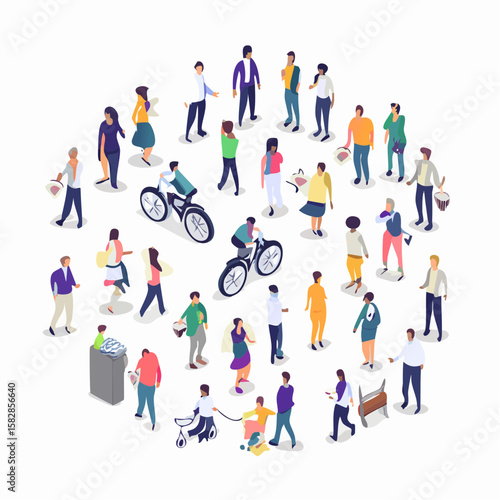 Diverse Community Isometric Illustration Everyday Life in Urban Setting, Men, Women, Children Together