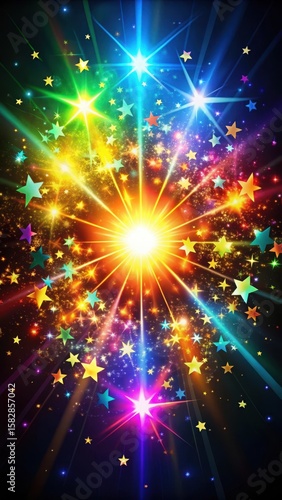 Vibrant colorful stars exploding in a burst of light against a dark background