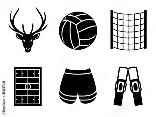 Collection of sports equipment and a deer head icon
