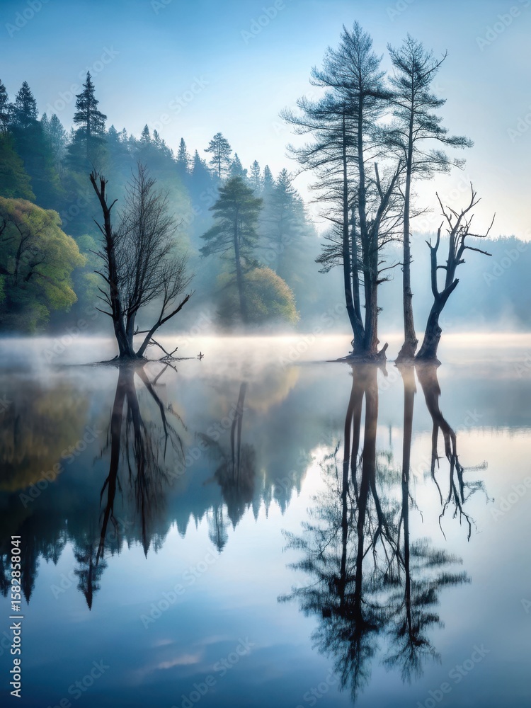 Fototapeta premium Twisted tree trunks reflected on a calm dark lake surface with eerie mist and fog surrounding the trees