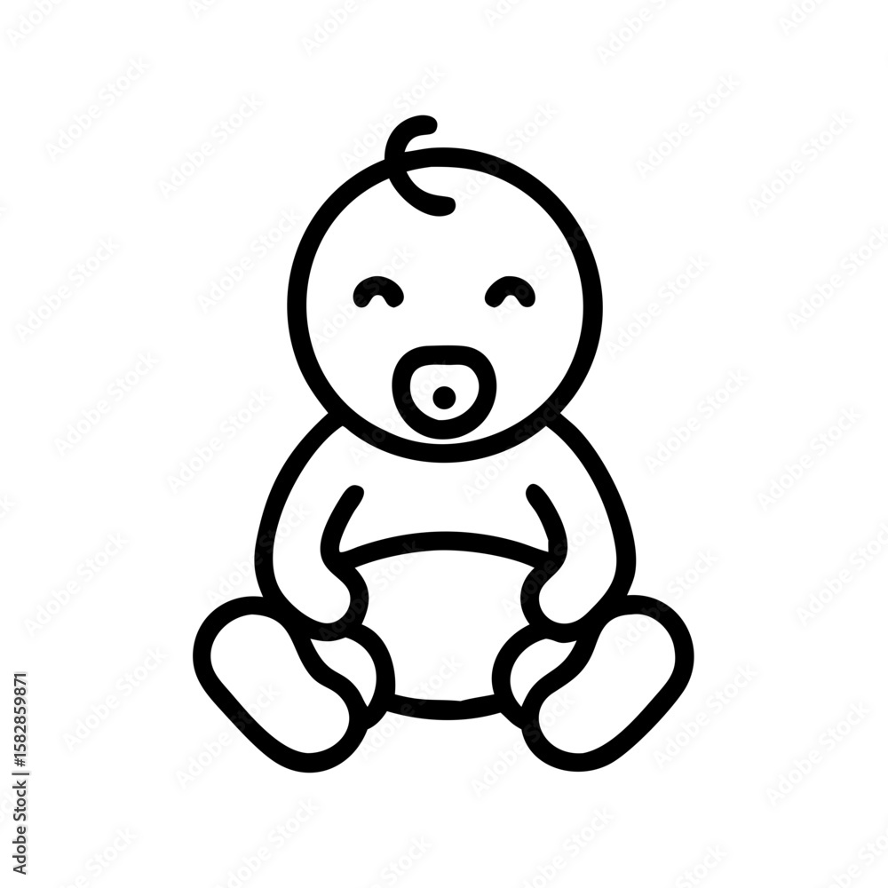 Black-and-white outline vector icon of baby sitting with pacifier. Parenting, baby product ads, educational materials, and children's books focused on infant development. Black-and-white outline vector icon of baby sitting with pacifier. Parenting, baby product ads, educational materials, and children's books focused on infant development.