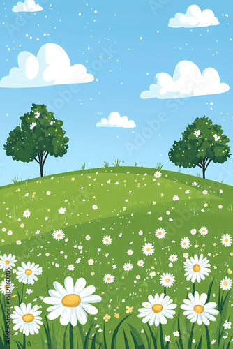 Spring Meadow Landscape with Daisies