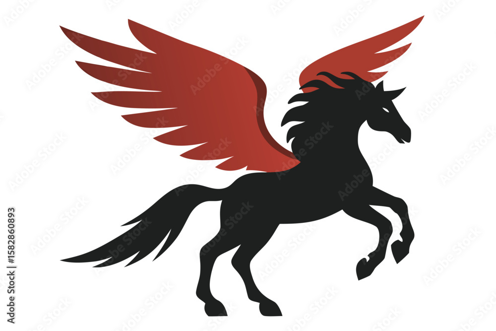 Fototapeta premium Vector art of a black winged unicorn with red wings stands majestically