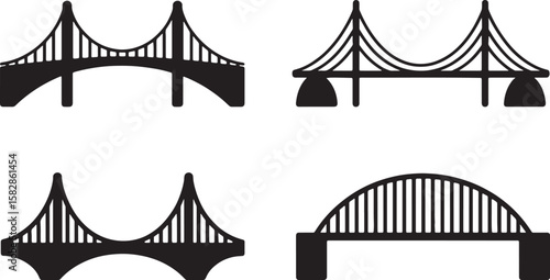 Set of Bridge Icons Vector – Silhouette of Suspension, Arch and Cable-Stayed Bridges