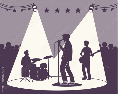 Band silhouettes performing under stage lights against a white background
