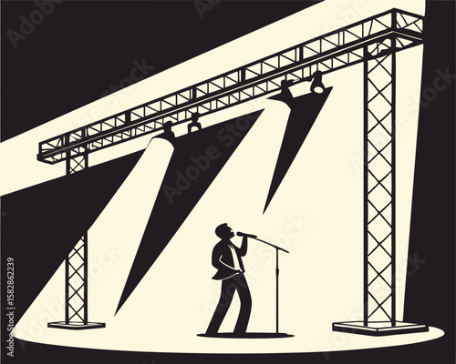 Concert stage silhouette performance with spotlight and performing artist illustration